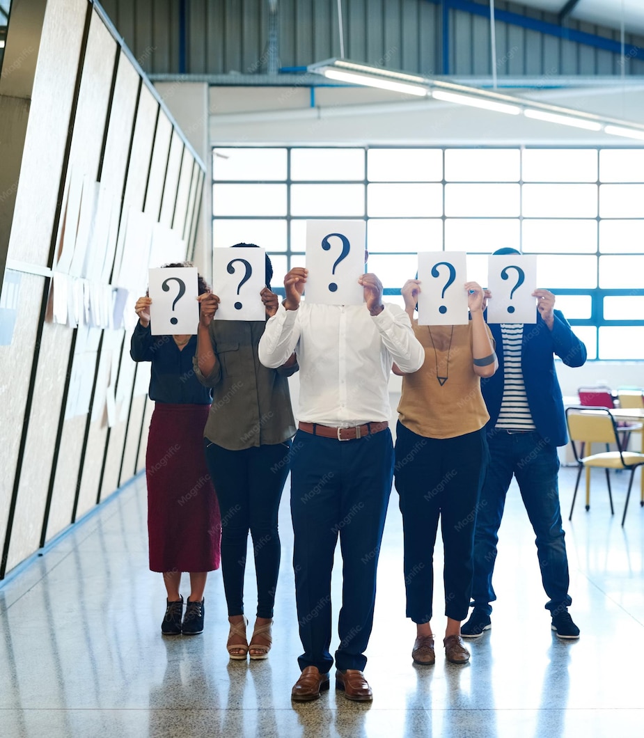business team group with question mark poster ideas with branding negotiation solution workplace staff coworkers men with women asking confusion with problem solving 590464 181884